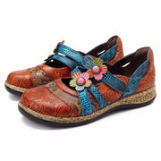 Vrouwen Vintage bloemen Splicing gekleurde platte sleehakken lederen schoenen